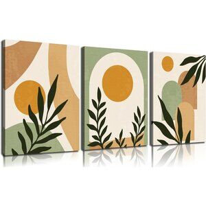 Boho Sun Canvas Wall Art Set of 3, Neutral Abstract Minimalismt Bohemian Geometr